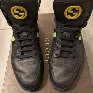 Gucci Men’s Black Leather High-Top Sneakers with Yellow Logo and Green Stripe